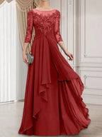 A-line Scoop Illusion Floor-Length Lace Chiffon Mother of the Bride Dress With Cascading Ruffles by Dreamylily