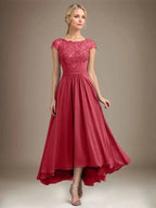 A-line Scoop Illusion Asymmetrical Lace Chiffon Mother of the Bride Dress With Pleated by Dreamylily