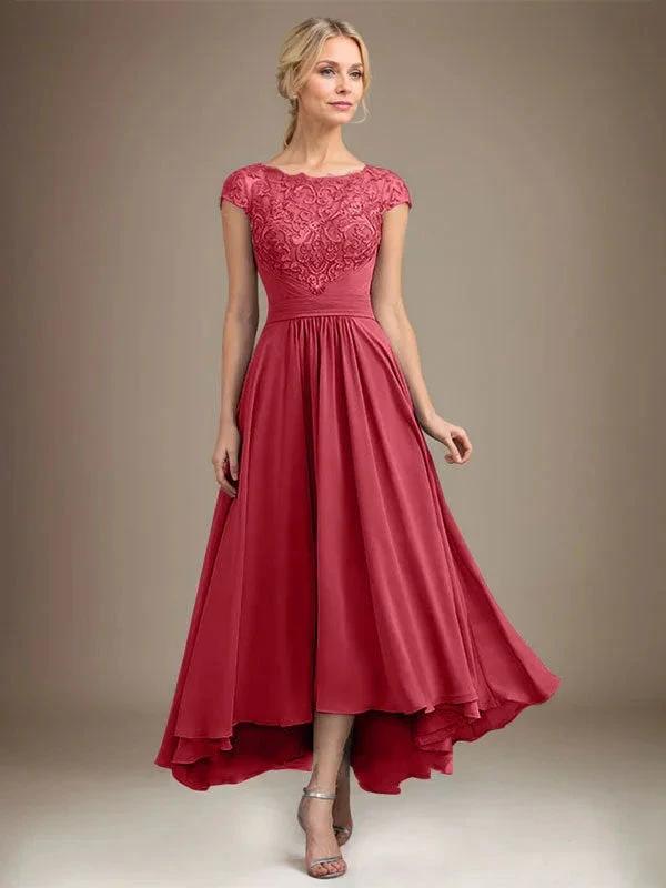 A-line Scoop Illusion Asymmetrical Lace Chiffon Mother of the Bride Dress With Pleated by Dreamylily