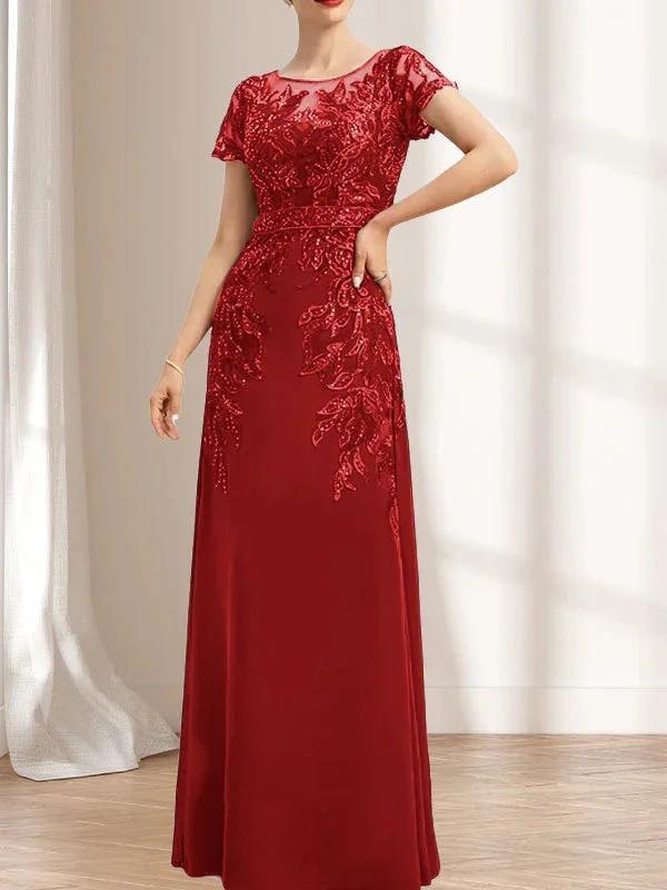 Sheath/Column Scoop Illusion Floor-Length Lace Chiffon Mother of the Bride Dress With Sequins by Dreamylily