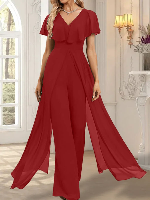 Jumpsuit/Pantsuit V-Neck Floor-Length Chiffon Evening Dress