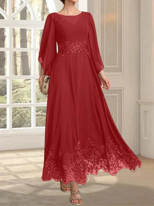 A-line Scoop Illusion Ankle-Length Lace Chiffon Mother of the Bride Dress With Sequins by Dreamylily
