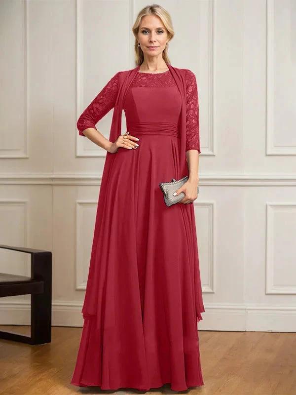 A-line Scoop Illusion Floor-Length Lace Chiffon Mother of the Bride Dress With Pleated by Dreamylily