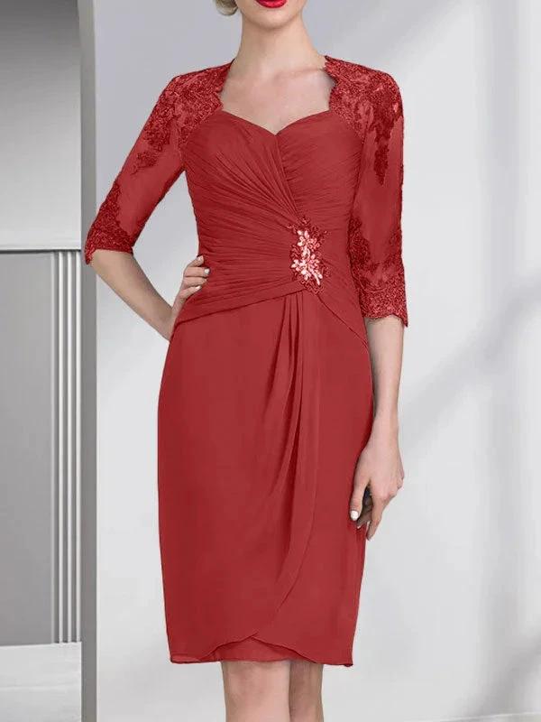 Sheath/Column Sweetheart Knee-Length Chiffon Mother of the Bride Dress With Beading Appliques Lace Sequins Pleated by Dreamylily