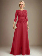 A-line Scoop Illusion Floor-Length Chiffon Lace Mother of the Bride Dress With Pleated Sequins Beading by Dreamylily