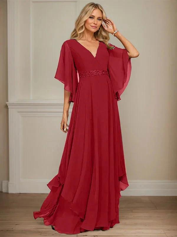 A-line V-Neck Floor-Length Chiffon Mother of the Bride Dress With Sequins Appliques Lace Beading by Dreamylily
