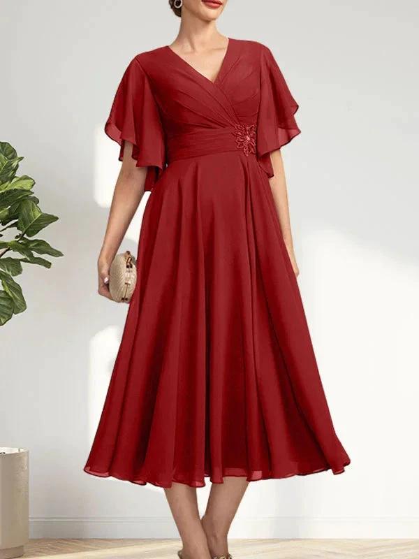 A-line V-Neck Tea-Length Chiffon Mother of the Bride Dress With Pleated Beading by Dreamylily