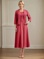 A-line Scoop Tea-Length Lace Chiffon Mother of the Bride Dress by Dreamylily