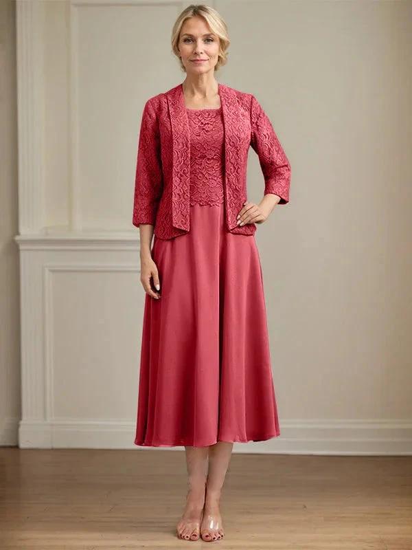 A-line Scoop Tea-Length Lace Chiffon Mother of the Bride Dress by Dreamylily