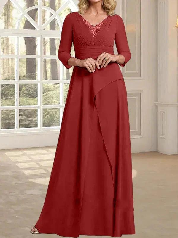 A-line V-Neck Floor-Length Chiffon Mother of the Bride Dress With Pleated Beading by Dreamylily