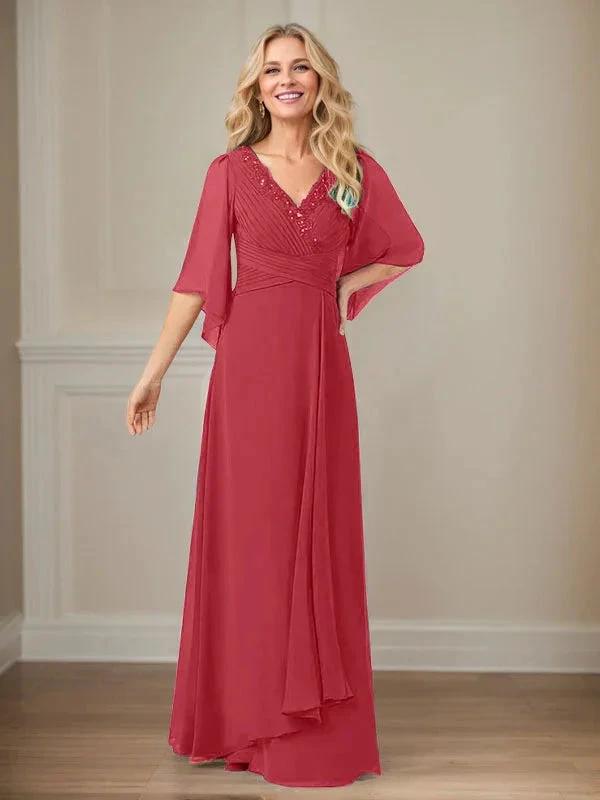 A-Line V-Neck Long Sequins Chiffon Mother Dress by Dreamylily
