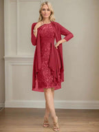 Sheath/Column Scoop Illusion Knee-Length Lace Chiffon Mother of the Bride Dress With Cascading Ruffles Sequins by Dreamylily