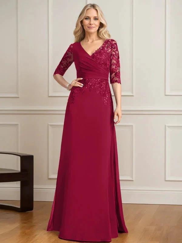 A-line V-Neck Floor-Length Lace Chiffon Mother of the Bride Dress With Pleated Sequins by Dreamylily