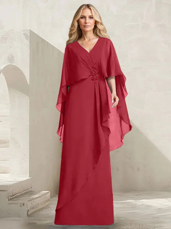 Vestido de gasa para madre de la novia con escote en V, corte A y largo hasta el suelo, con volantes en cascada y cuentas 