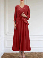 A-line V-Neck Ankle-Length Chiffon Mother of the Bride Dress With Sequins Appliques Lace Beading by Dreamylily