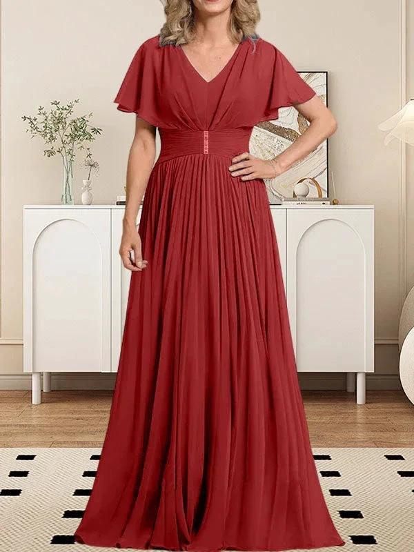 A-line V-Neck Floor-Length Chiffon Mother of the Bride Dress With Crystal Brooch Pleated by Dreamylily