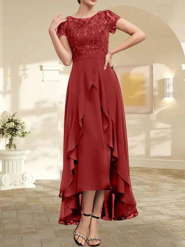A-line Scoop Illusion Asymmetrical Chiffon Lace Mother of the Bride Dress With Bow Ruffle Sequins by Dreamylily
