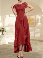 A-line Scoop Illusion Asymmetrical Chiffon Lace Mother of the Bride Dress With Bow Ruffle Sequins by Dreamylily