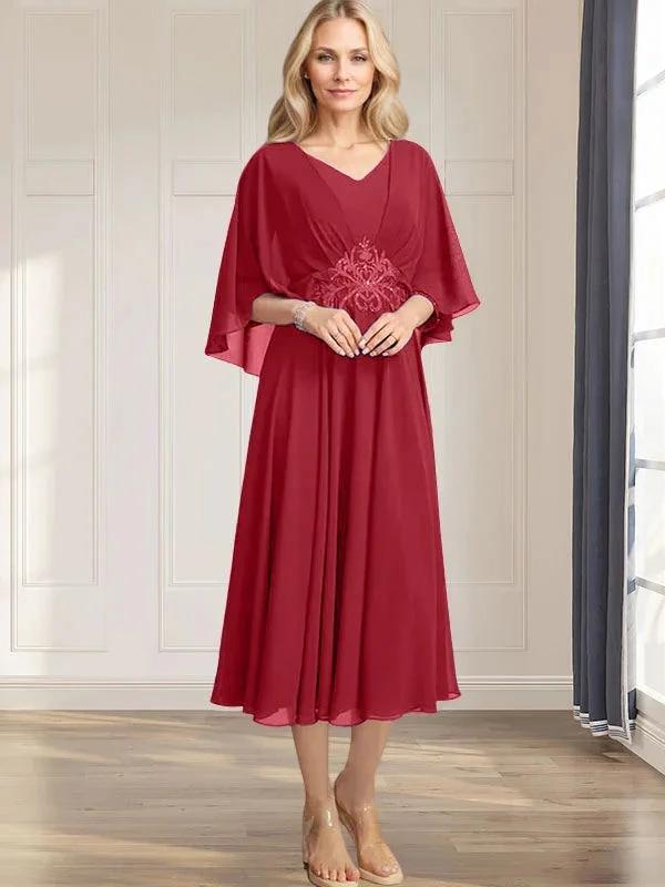 A-line V-Neck Tea-Length Chiffon Mother of the Bride Dress With Pleated Sequins Appliques Lace Beadind by Dreamylily