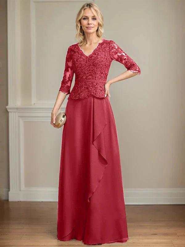 A-line V-Neck Floor-Length Lace Chiffon Mother of the Bride Dress With Cascading Ruffles Sequins by Dreamylily