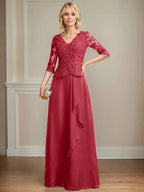 A-line V-Neck Floor-Length Lace Chiffon Mother of the Bride Dress With Cascading Ruffles Sequins by Dreamylily