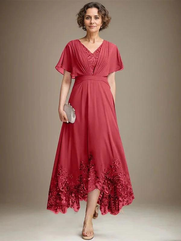A-line V-Neck Asymmetrical Lace Chiffon Mother of the Bride Dress With Pleated by Dreamylily