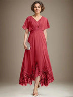 A-line V-Neck Asymmetrical Lace Chiffon Mother of the Bride Dress With Pleated by Dreamylily