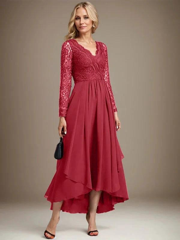 A-line V-Neck Asymmetrical Lace Chiffon Mother of the Bride Dress by Dreamylily