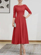 A-line Scoop Illusion Tea-Length Chiffon Lace Mother of the Bride Dress With Beading Sequins by Dreamylily