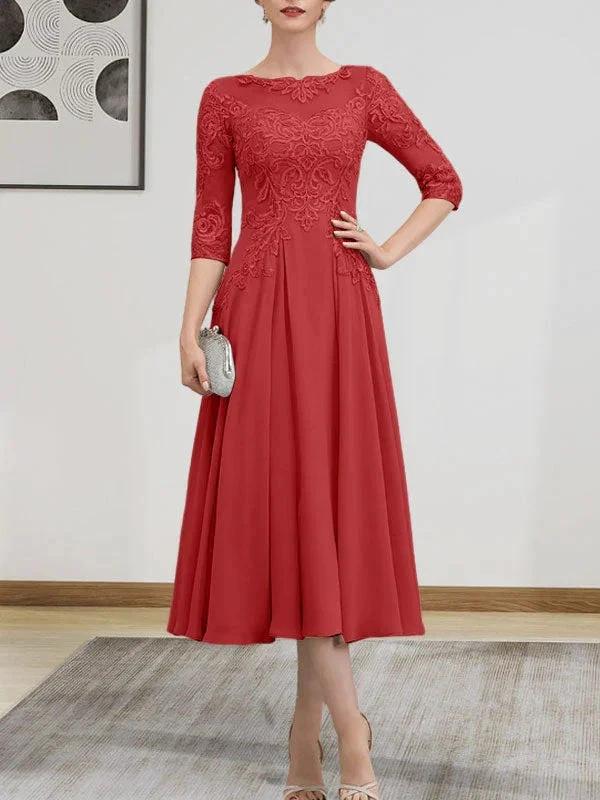 A-line Scoop Illusion Tea-Length Chiffon Lace Mother of the Bride Dress With Beading Sequins by Dreamylily