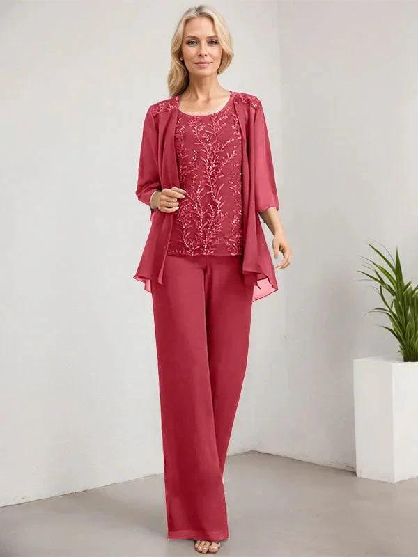 Separates Jumpsuit/Pantsuit Scoop Floor-Length Lace Chiffon Mother of the Bride Dress With Sequins by Dreamylily