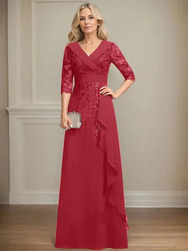 A-line Collared V-Neck Floor-Length Lace Chiffon Mother of the Bride Dress With Sequins Cascading Ruffles by Dreamylily
