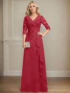 A-line Collared V-Neck Floor-Length Lace Chiffon Mother of the Bride Dress With Sequins Cascading Ruffles by Dreamylily