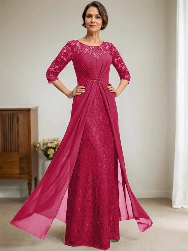 A-Line Scoop Illusion Floor-Length Lace Chiffon Mother Of the Bride Dress With Beading Ruffles by Dreamylily
