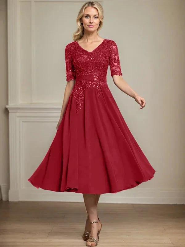 A-line V-Neck Tea-Length Lace Chiffon Mother of the Bride Dress With Sequins by Dreamylily