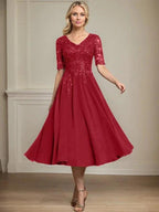 A-line V-Neck Tea-Length Lace Chiffon Mother of the Bride Dress With Sequins by Dreamylily