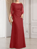 Etui-Linie/Säule U-Ausschnitt Bodenlang Chiffon Kleid für die Brautmutter mit Plissee Perlenbesatz