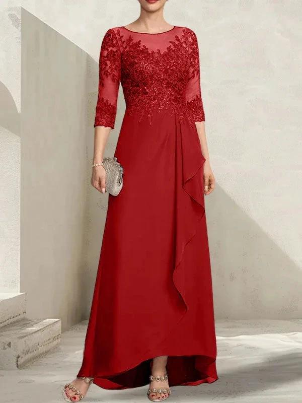 A-line Scoop Illusion Asymmetrical Lace Chiffon Mother of the Bride Dress With Sequins Cascading Ruffles by Dreamylily