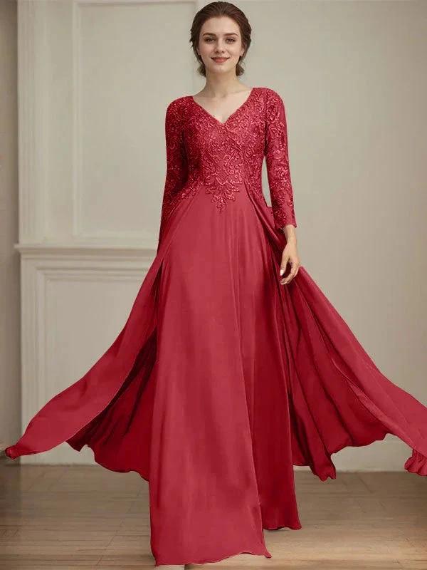 A-line V-Neck Floor-Length Lace Chiffon Mother of the Bride Dress With Sequins by Dreamylily