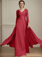 A-line V-Neck Floor-Length Lace Chiffon Mother of the Bride Dress With Sequins by Dreamylily