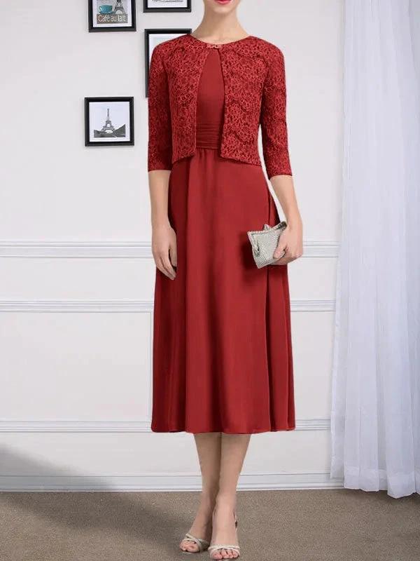 A-line Scoop Tea-Length Chiffon Mother of the Bride Dress With Pleated by Dreamylily