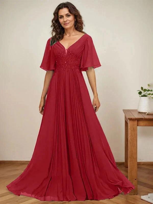 A-line V-Neck Floor-Length Chiffon Mother of the Bride Dress With Sequins Appliques Lace Pleated by Dreamylily