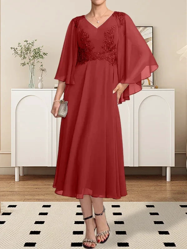 A-line V-Neck Tea-Length Chiffon Lace Mother of the Bride Dress With Beading Sequins by Dreamylily