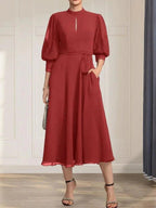 A-line High Neck Tea-Length Lace Chiffon Mother of the Bride Dress With Bow by Dreamylily