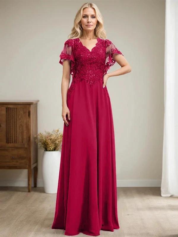 A-line V-Neck Floor-Length Lace Chiffon Mother of the Bride Dress With Sequins by Dreamylily
