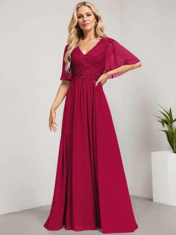 A-line V-Neck Floor-Length Lace Chiffon Mother of the Bride Dress With Sequins by Dreamylily