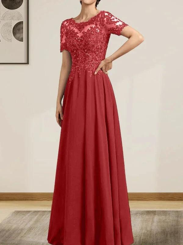 A-line Scoop Illusion Floor-Length Chiffon Lace Mother of the Bride Dress With Sequins Beading by Dreamylily