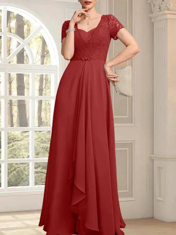 A-line Sweetheart Floor-Length Chiffon Lace Mother of the Bride Dress With Beading Cascading Ruffles by Dreamylily