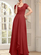 A-line Sweetheart Floor-Length Chiffon Lace Mother of the Bride Dress With Beading Cascading Ruffles by Dreamylily