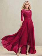 A-line Scoop Illusion Asymmetrical Lace Chiffon Mother of the Bride Dress With Pleated Sequins by Dreamylily